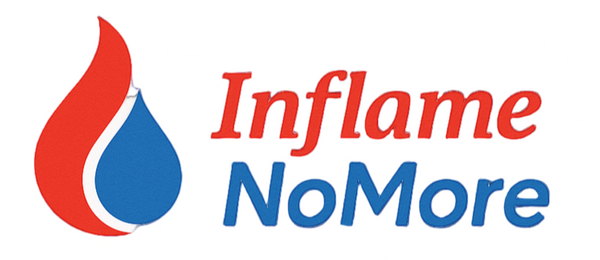 Logo of 'Inflame NoMore' with a red flame and blue droplet on a dark blue background to match the dark blue color of scheme 2